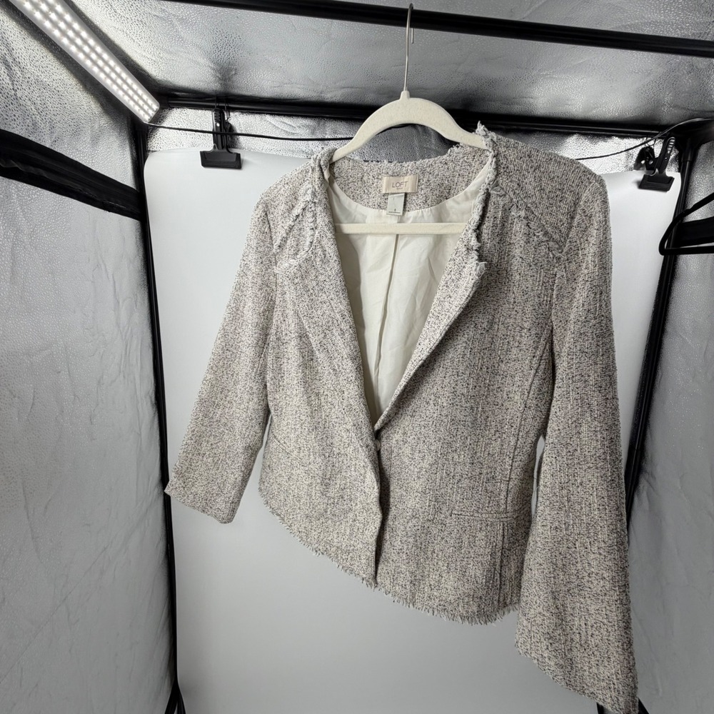 Loft Outlet Gray White Tweed Frayed Raw Edge Blazer Jacket Size 8